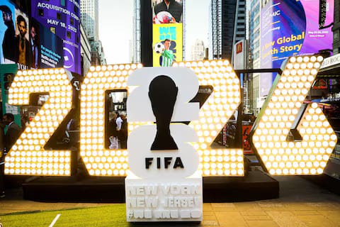 FIFA World Cup 2026 display with illuminated numbers in Times Square, New York City, promoting the tournament.