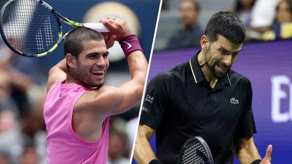 Carlos Alcaraz celebrates after a winning shot, while Novak Djokovic shows frustration during a match at the US Open 2025.