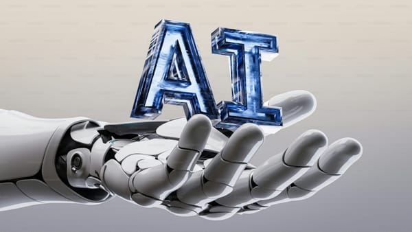 Futuristic robotic hand holding metallic letters 'AI,' symbolizing the integration of artificial intelligence in sports technology.